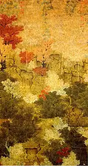 〈秋林群鹿圖〉，縱118.4公分、橫63.8公分，約1031年－1048年。