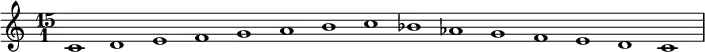 \relative c' {
\key c \major \time 15/1
c1 d1 e1 f1 g1 a1 b1 c1 bes1 aes1 g1 f1 e1 d1 c1
}