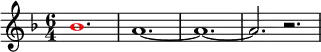 \relative g'
{
\time 6/4
\key f \major
\override Voice.NoteHead.color = #(rgb-color 1 0 0)bes1. \override Voice.NoteHead.color = #(rgb-color 0 0 0)a1.~ a1.~ a2. r2.
}