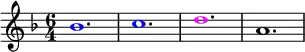 \relative g'
{
\time 6/4
\key f \major
\override Voice.NoteHead.color = #(rgb-color 0 0 1)bes1. c1. \override Voice.NoteHead.color = #(rgb-color 1 0 1)d1. \override Voice.NoteHead.color = #(rgb-color 0 0 0)a1.
}