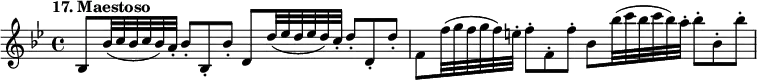 %etude17
\relative b
{
\time 4/4
\tempo "17. Maestoso"
\key bes \major
bes8 bes'32*2/3 (c bes c bes) a-. bes8*2/3-. bes,-. bes'-. d,8 d'32*2/3 (ees d ees d) c-. d8*2/3-. d,-. d'-. | f,8 f'32*2/3 (g f g f) e-. f8*2/3-. f,-. f'-. bes,8 bes'32*2/3 (c bes c bes) a-. bes8*2/3-. bes,-. bes'-.
}