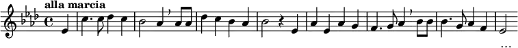 \transpose c aes \relative c'
{ \key c \major \time 4/4 \tempo "alla marcia" \dynamicUp \partial 4 g4 | e'4. e8 f4 e | d2 c4 \breathe c8 c | f4 e d c | d2 r4 g, |
c4 g c b | a4. b8 c4 \breathe d8 d | d4. b8 c4 a | g2
}
\addlyrics {
復 旦 復 旦 旦 復 旦
巍 巍 學 府 文 章 煥
學 術 獨 立 思 想 自 由
政 羅 教 網 無 羈 絆…
}
