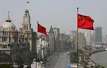 飘扬在上海外滩建筑群楼顶的国旗（2008年3月2日）