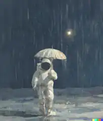 一位渾身濕透的太空人，撐著一把白色的雨傘在月球表面的傾盆大雨中行走的作品