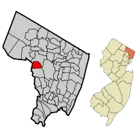Map highlighting Glen Rock's location within Bergen County. Inset: Bergen County's location within New Jersey