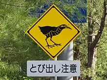 黃底黑圖菱形標示牌,上面畫有山原秧雞的圖像警告用路人。