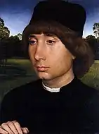 漢斯·梅姆林的《年輕男子肖像畫》（Ritratto di giovane uomo），26 × 20cm，約作於1480年，1856年始藏