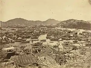1874年甲戌風災後的油麻地，右方岸邊為今日上海街
