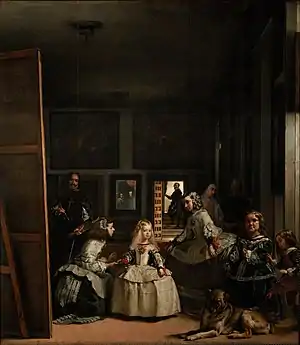 委拉斯開茲的《侍女》 (Las meninas)，318 × 276cm，約繪於1656年，1819年始藏，來自腓力四世的收藏