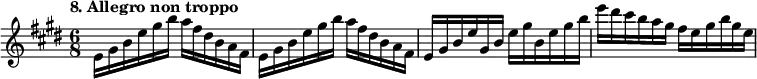 %etude8
\relative e'
{
\time 6/8
\tempo "8. Allegro non troppo"
\key e \major
e16 gis b e gis b a fis dis b a fis | e16 gis b e gis b a fis dis b a fis | e gis b e gis, b e gis b, e gis b | e dis cis b a gis fis e gis b gis e
}