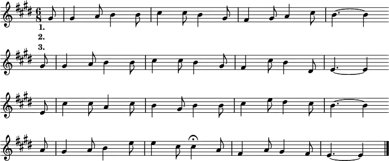 \transpose c e \relative e' {
\set Score.tempoHideNote = ##t
\key c \major
\time 6/8
\tempo 8 = 120
\partial 8
e8 | e4 f8 g4 g8 | a4 a8 g4 e8 | d4 e8 f4 a8 | g4. ~ g4 \bar "" \break
e8 | e4 f8 g4 g8 | a4 a8 g4 e8 | d4 a'8 g4 b,8 | c4. ~ c4 \bar "" \break
c8 | a'4 a8 f4 a8 | g4 e8 g4 g8 | a4 c8 b4 a8 | g4. ~ g4 \bar "" \break
f8 | e4 f8 g4 c8 | c4 a8 \tempo 8 = 48 a4\fermata \tempo 8 = 120 f8 | d4 f8 e4 d8 | \partial 8*5 c4. ~ c4 \bar "|."
}
\addlyrics {
\set stanza = "1."
あ お げ ば と う と し わ が し の お ん
お し え の に わ に も は や い く と せ
お も え ば い と と し こ の と し つ き
い ま こ そ わ か れ め い ざ さ ら ー ば
}
\addlyrics {
\set stanza = "2."
た が い に む つ み し ひ ご ろ の お ん
わ か る る の ち に も や よ わ す る な
み を た て な を あ げ や よ は げ め よ
}
\addlyrics {
\set stanza = "3."
あ さ ゆ う な れ に し ま な び の ま ど
ほ た る の と も し び つ む し ら ゆ き
わ す る る ま ぞ な き ゆ く と し つ き
}